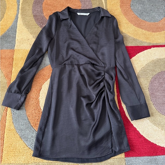 Zara Dresses & Skirts - Zara Women Black Long Sleeve Very Short Mini Dress Collar Satin Material Size XS